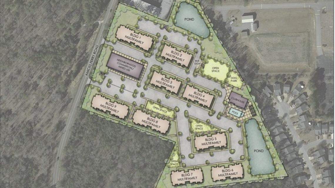 A site plan submitted to the Chapin Planning Commission shows how a 240-unit apartment complex would be organized.