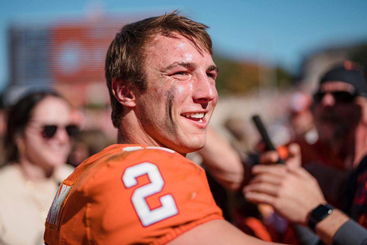 Clemson quarterback Cade Klubnik (2) walks off the field after an NCAA college football game against Syracuse on Saturday, Oct. 22, 2022, in Clemson, S.C. (AP Photo/Jacob Kupferman)