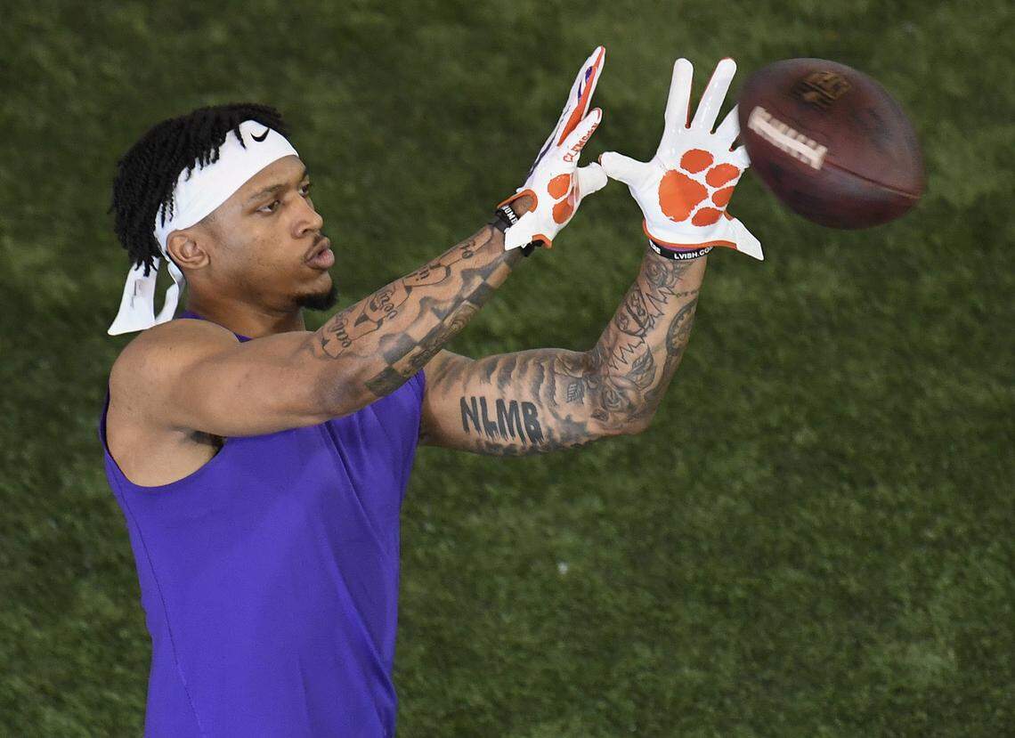 Former Clemson wide receiver Diondre Overton (14) works out for NFL scouts during ClemsonÕs Pro Day Thursday, March 12, 2020. Bart Boatwright photo