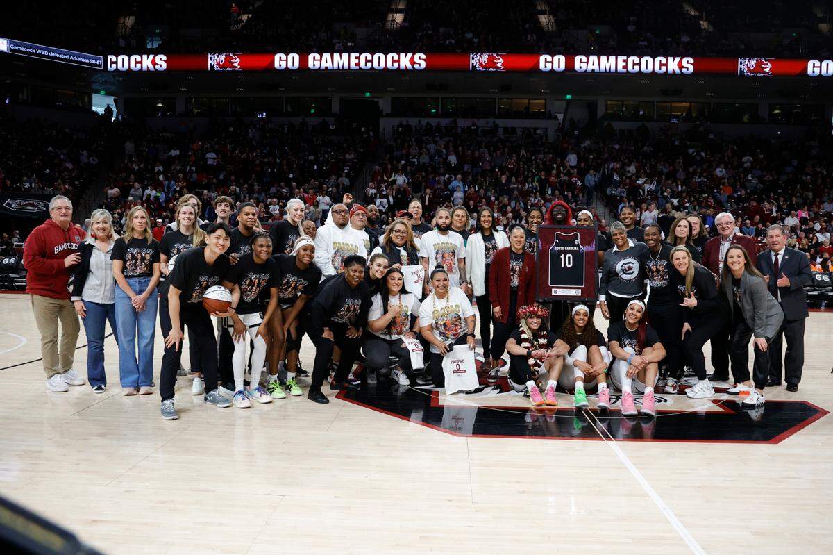 The University of South Carolina’ women’s basketball seniors gather for a photo before the Gamecocks played Tennessee in the Colonial Life Arena on Sunday, Mar. 3, 2024