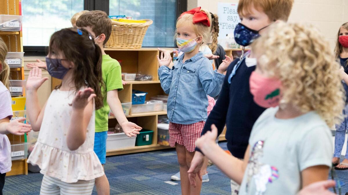 Lisa Ingram leads kindergarteners through a music lesson at River Springs Elementary School on Tuesday, October 6, 2020.