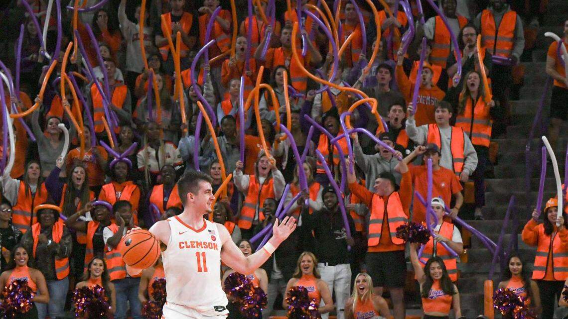 Dec 6, 2023; Clemson, South Carolina, USA; Clemson graduate Joseph Girard III reacts with fans playing University of South Carolina during the second half at Littlejohn Coliseum.