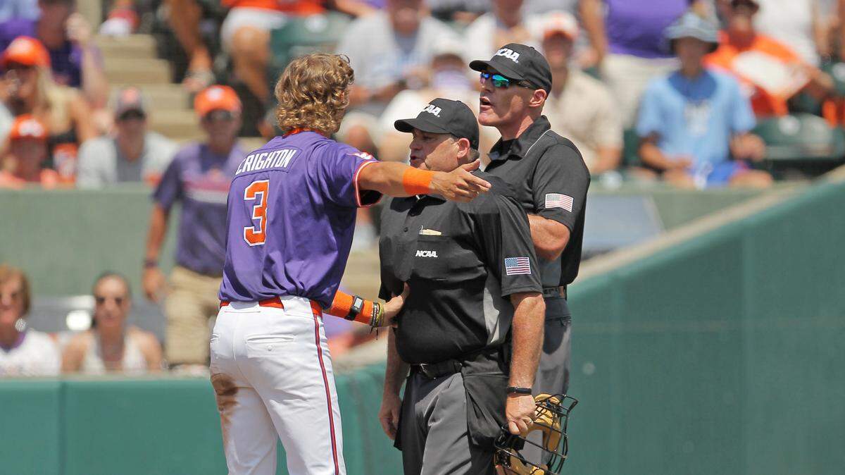 Clemson’s Jack Crighton has a word or two for the umpires following an altercation during NCAA Super Regionals action on Sunday, June 9, 2024 in Clemson, S.C.