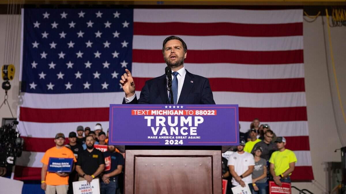 VP nominee JD Vance speaks during a rally at HES Equipment on Tuesday, Oct. 29, in Holland.