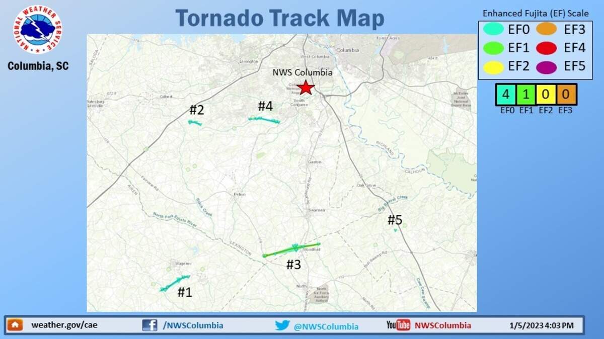 A map showing the paths of five tornadoes that traveled through the Midlands on Wednesday.