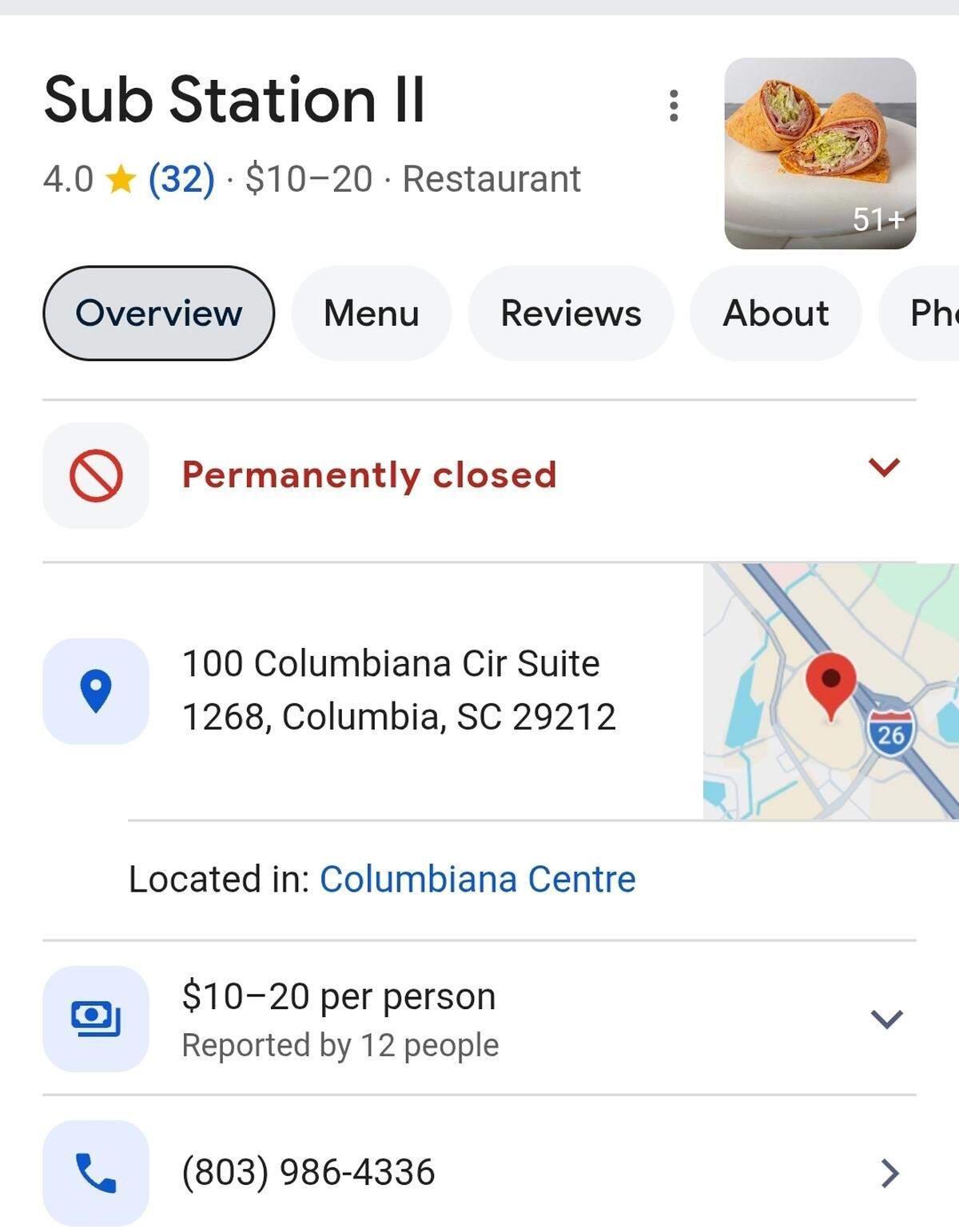 A Google listing for the Sub Station II in Columbiana Centre mall shows it as “permanently closed.”