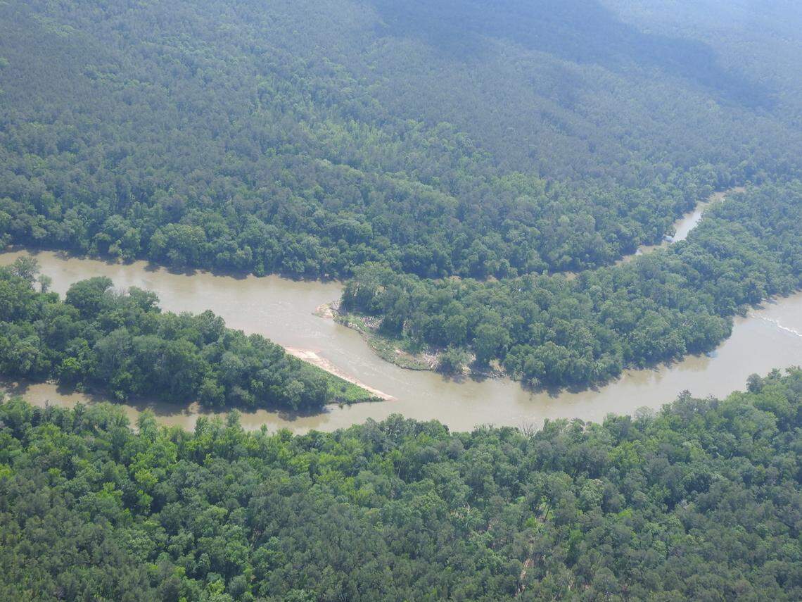 An aerial photo of Shelton Island on the Broad River. As part of a mitigation package to offset damage to area wetlands, Scout Motors will restore, protect and make public the island.