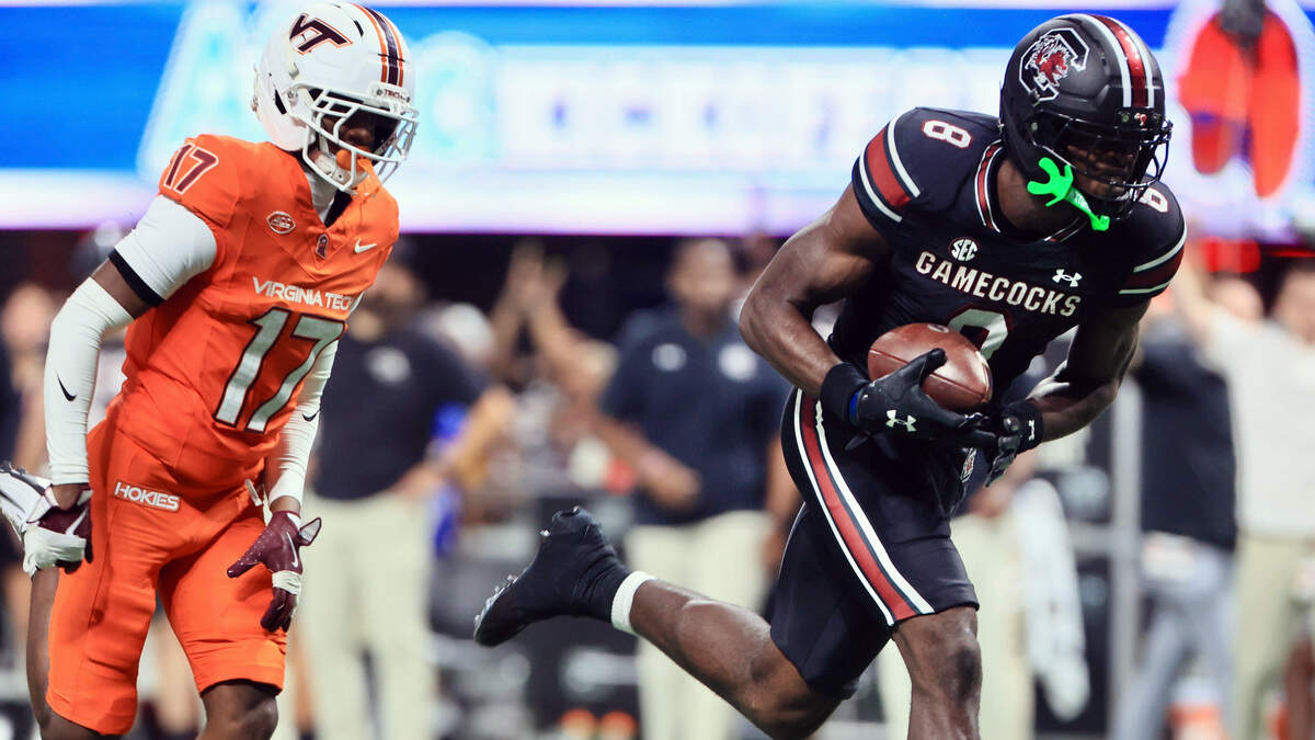 South Carolina's Nyck Harbor (8) scores a fourth-quarter touchdown on Sunday against Virginia Tech at Mercedes-Benz Stadium in Atlanta. The Gamecocks and Hokies faced off Aug. 31 in the 2025 Aflac Kickoff Game.