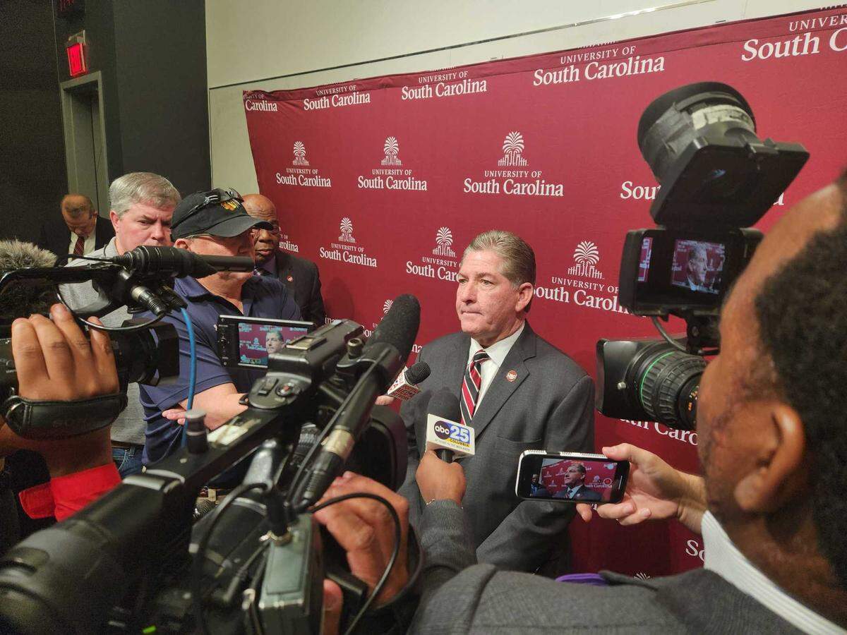 University of South Carolina Athletics Director Ray Tanner speaks to reporters Tuesday, Feb. 7, 2023, as USC announces it is seeking proposals for major development of and around Williams-Brice Stadium in Columbia, S.C.