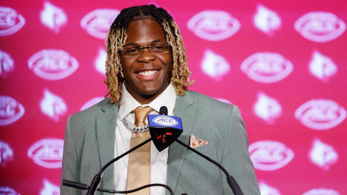 Louisville defensive back Quincy Riley speaks to the media at the 2024 ACC Kickoff in Charlotte, N.C., Wednesday, July 24, 2024.