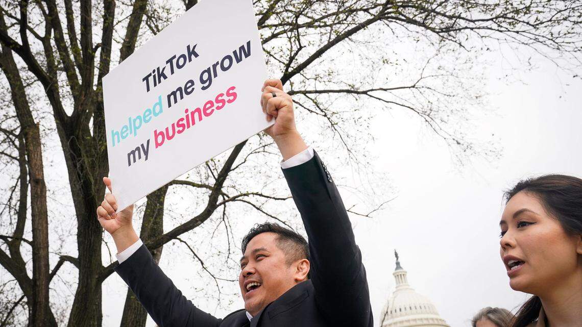 Protesters stood outside of the U.S. Capitol on March 13, 2024 as the House voted on a bill that would force TikTok’s parent company to sell the popular social media app or face a practical ban in the U.S.