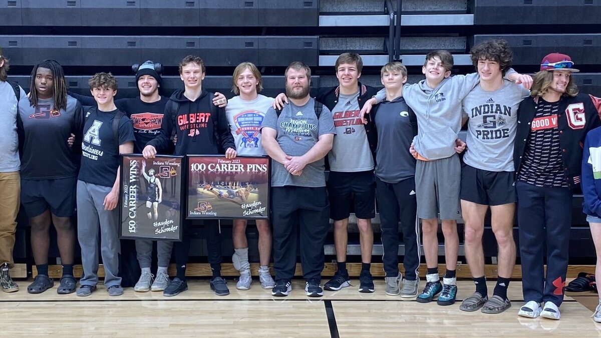 Gilbert’s Hayden Schroeder won the Class 3A Lower State championship at 126 pounds and captured his 150th career victory this weekend. Six other Indian wrestlers qualified for the individuual championships.