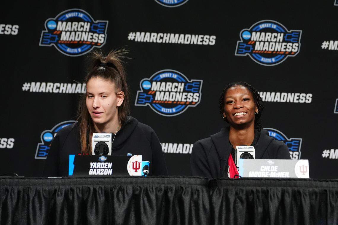 Mar 28, 2024; Albany, NY, USA; Indiana Hoosiers Guard Yarden Garzon (12) and Indiana Hoosiers Guard Chloe Moore-McNeil (22) answer questions during press conference prior to their NCAA Tournament Sweet 16 game at MVP Arena.