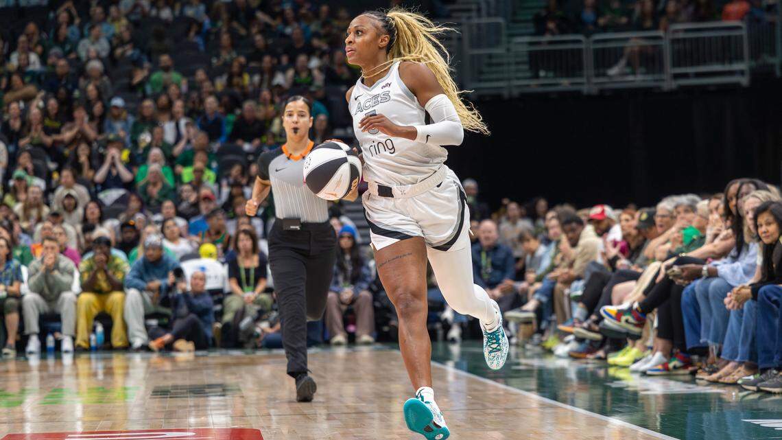 Jun 1, 2025; Seattle, Washington, USA; Las Vegas Aces guard Tiffany Mitchell (3) dribbles the ball in the third period at Climate Pledge Arena.