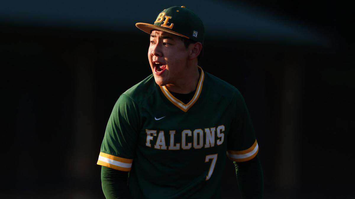 Sean Lee (7) of Ben Lippen reacts after getting a strikeout during Game 1 of the SCISA 4A Baseball championship at Ben Lippen School in Columbia on Wednesday, May 14, 2025.