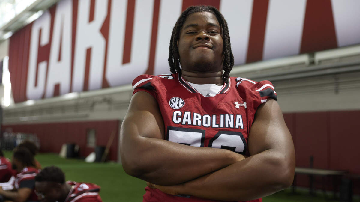 South Carolina offensive lineman Torricelli Simpkins III (76) is seen during media day in Columbia on Thursday, August 1, 2024.
