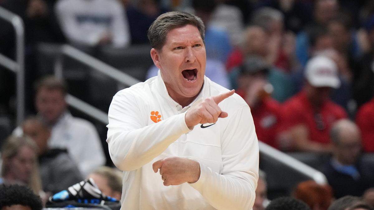 Mar 28, 2024; Los Angeles, CA, USA; Clemson Tigers head coach Brad Brownell reacts in the first half against the Arizona Wildcats in the semifinals of the West Regional of the 2024 NCAA Tournament at Crypto.com Arena.
