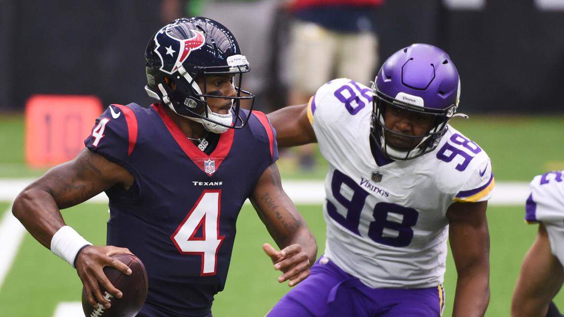 Houston Texans quarterback Deshaun Watson (4) is pressured by Minnesota Vikings defensive end D.J. Wonnum (98) during the first half of an NFL football game Sunday, Oct. 4, 2020, in Houston. (AP Photo/Eric Christian Smith)
