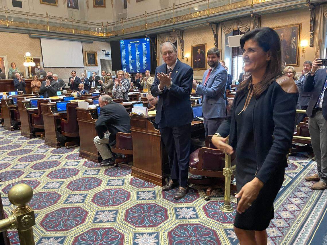 Former South Carolina Gov. Nikki Haley visits the State House on Tuesday, Feb. 1, 2022.