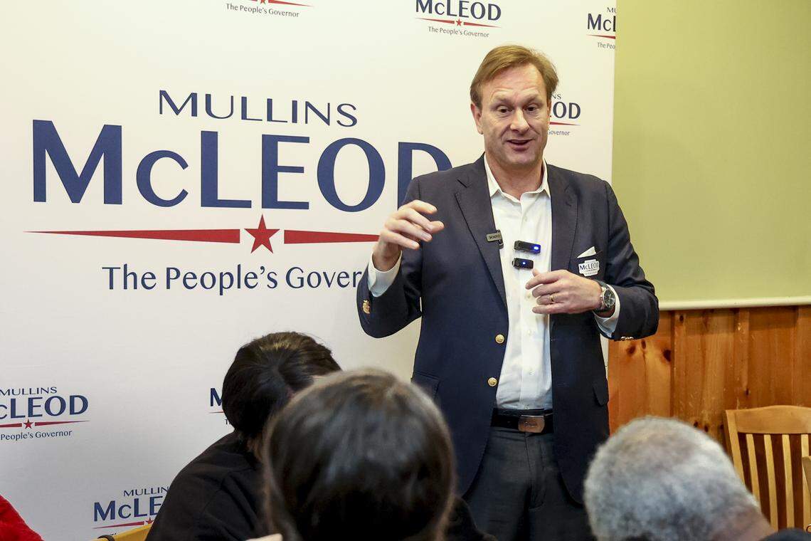 Democratic candidate for South Carolina governor Mullins McLeod speaks to a small crowd gathered at the Lizard’s Thicket in Blythewood on Wednesday, Feb. 25, 2026.