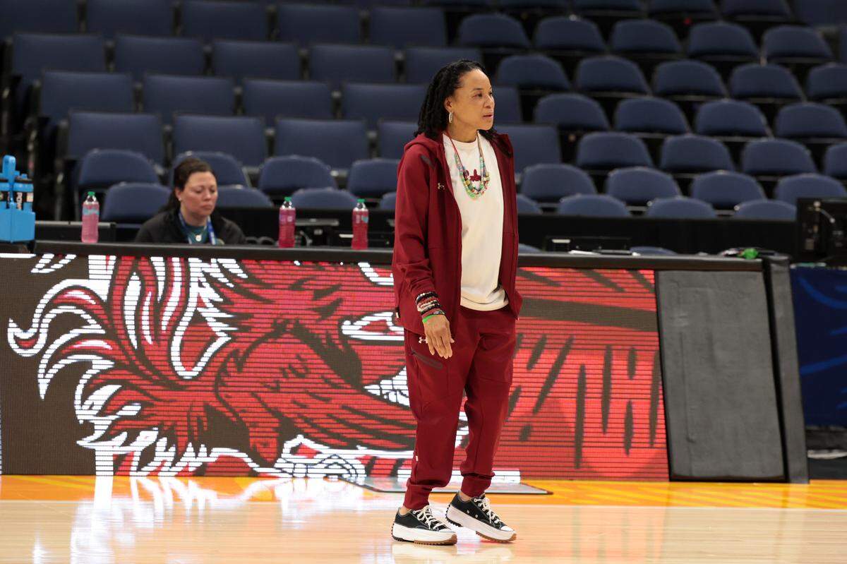 University of South Carolina Head Coach Dawn Staley watches as the Gamecocks practice at the Amalie Arena in Tampa Florida on Thursday, April 3, 2025. The Gamecocks play Texas in the semifinal round of the NCAA Tournament.