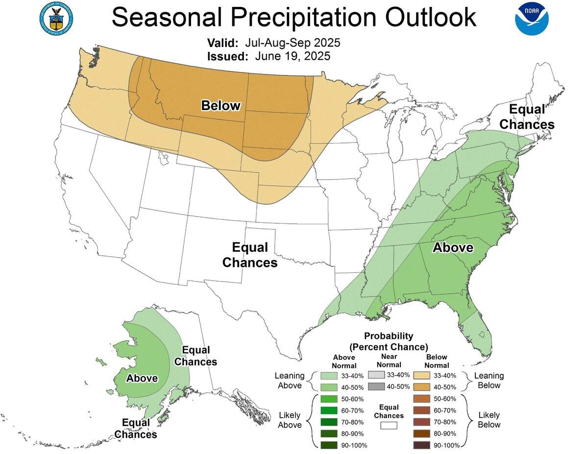 A U.S. map showing rainfall forecasts for July through September.