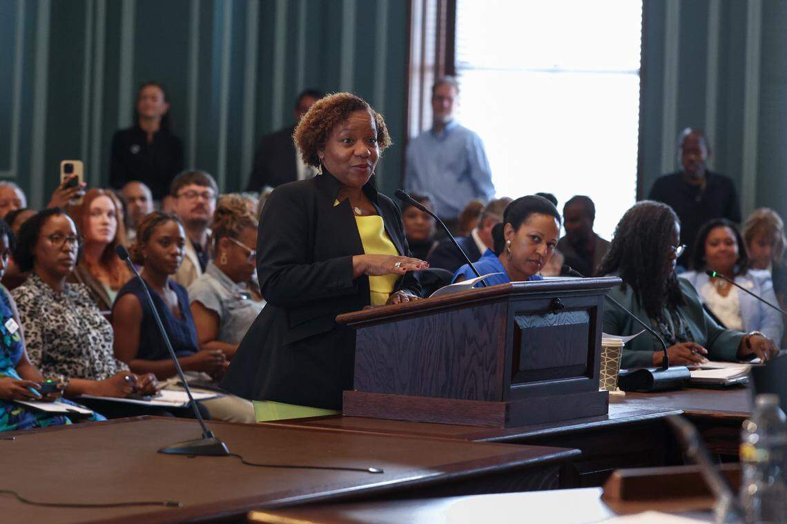 State Sen. Tameika Isaac Devine, D-Richland, a former member of Columbia City Council, speaks against repealing the conversion therapy ban during a meeting of the Columbia City Council on Tuesday, June 17, 2025.