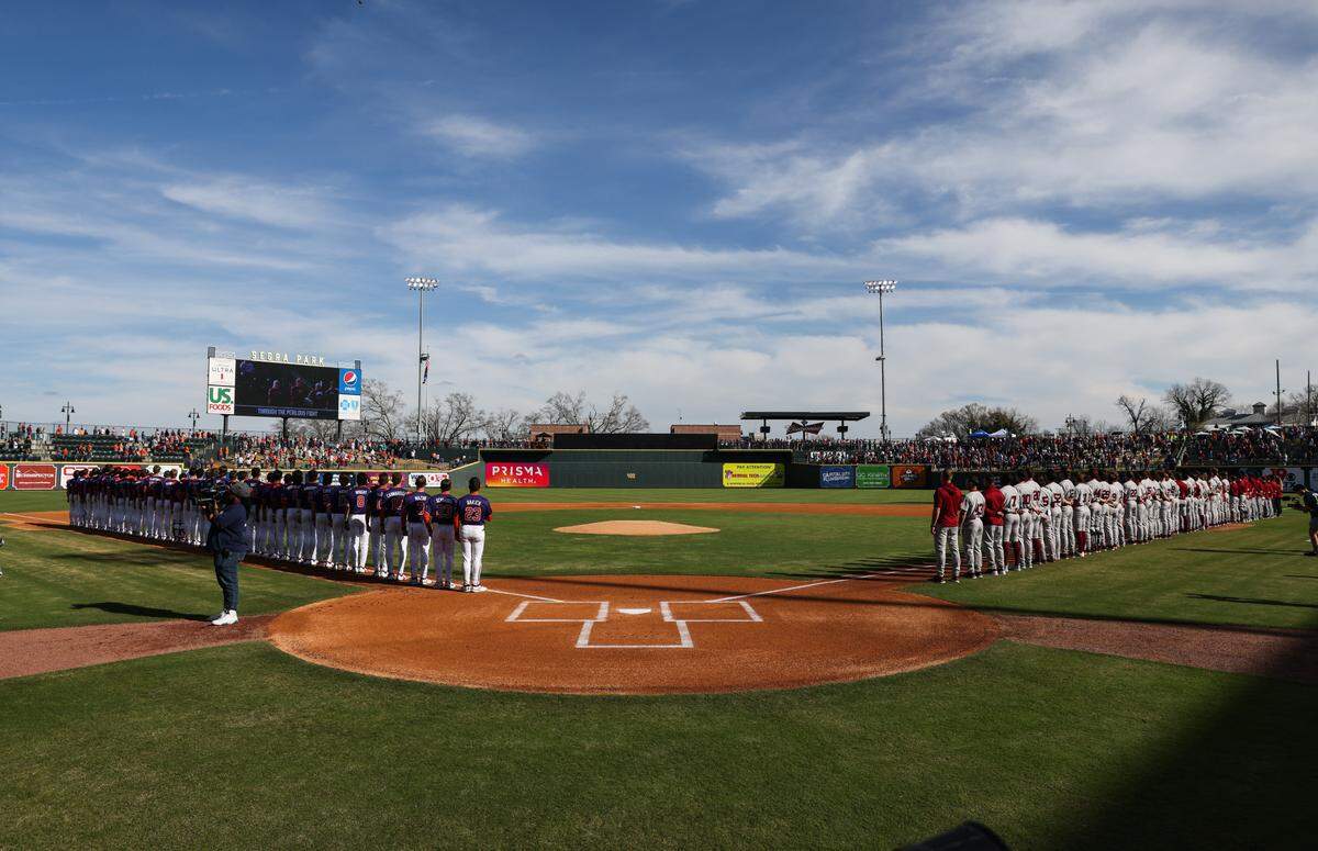 Players from South Carolina and Clemson stand for the National Anthem during the Gamecocks’ game against Clemson at Segra Park in Columbia on Saturday, March 2, 2024.