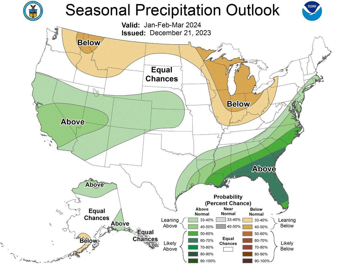 A map showing rain outlooks for the U.S. from January through March.