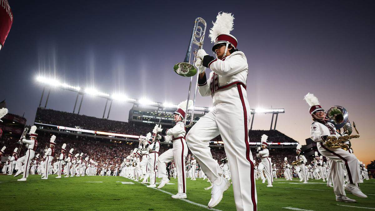 The South Carolina band takes the field before the Gamecocks’ game against Vanderbilt at Williams-Brice Stadium in Columbia on Saturday, September 13, 2025.