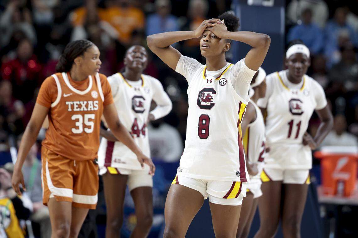 South Carolina's Joyce Edwards (8) reacts to a foul call during the second half of action of their women's basketball game in the SEC Tournament, against Texas at the Bon Secours Wellness Arena on Sunday, March 8, 2026. Texas defeated South Carolina 78-61.