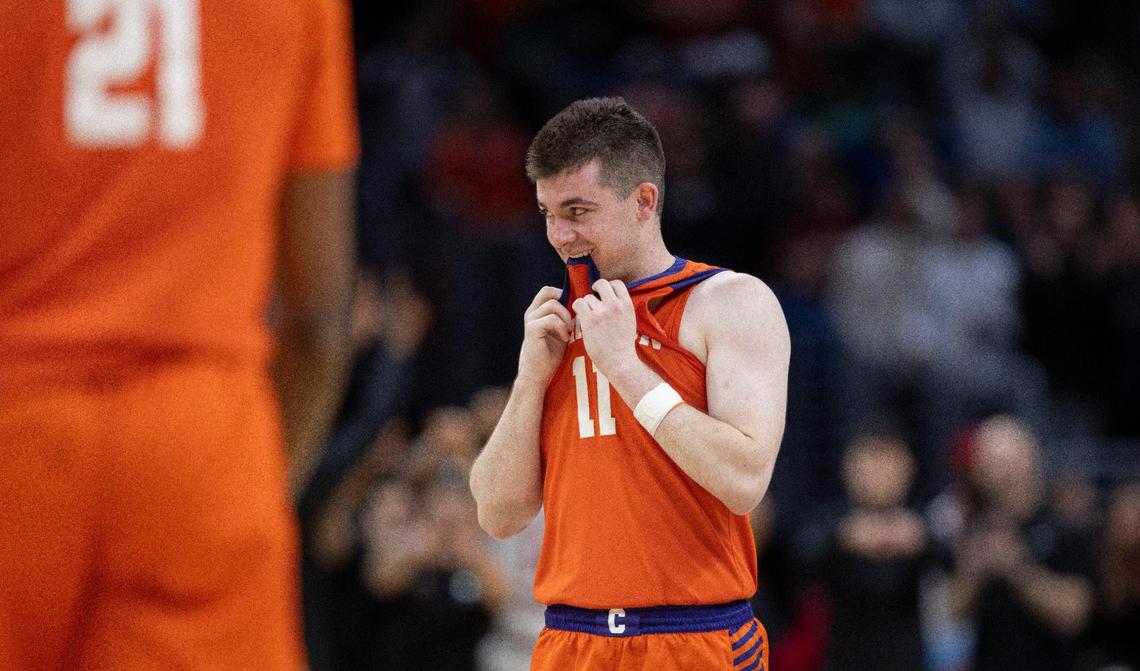 Clemson’s Joseph Girard III (11) reacts as the 89-82 loss to Alabama sinks in during the closing seconds of play in the NCAA West Regional final on Saturday, March 30, 2024 at Crypto.com Arena in Los Angeles, CA.