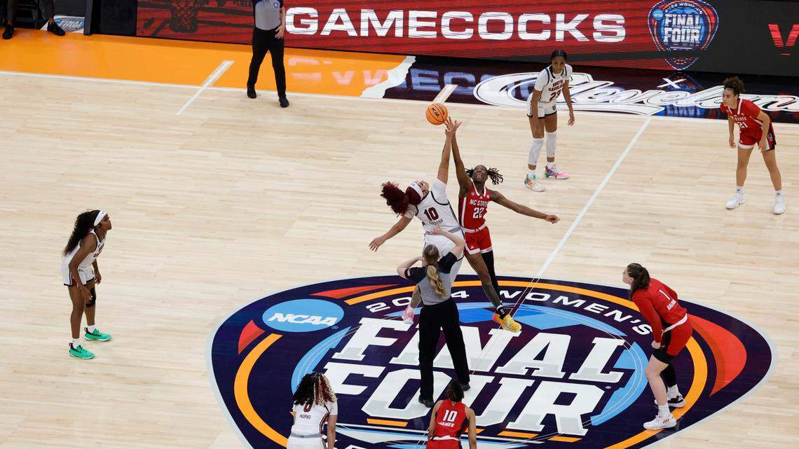 South Carolina’s Kamilla Cardoso (10) gets the ball over NC State’s Saniya Rivers (22) to start the Final Four game at Mortgage FieldHouse in Cleveland, Ohio on Friday April 5, 2024.