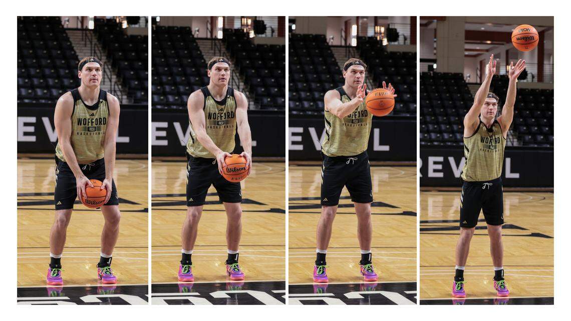 Wofford basketball player Kyler Filewich has started shooting freethrows underhanded in an effort to improve his game. Here he demonstrates his shot on Monday, Feb. 24, 2025.