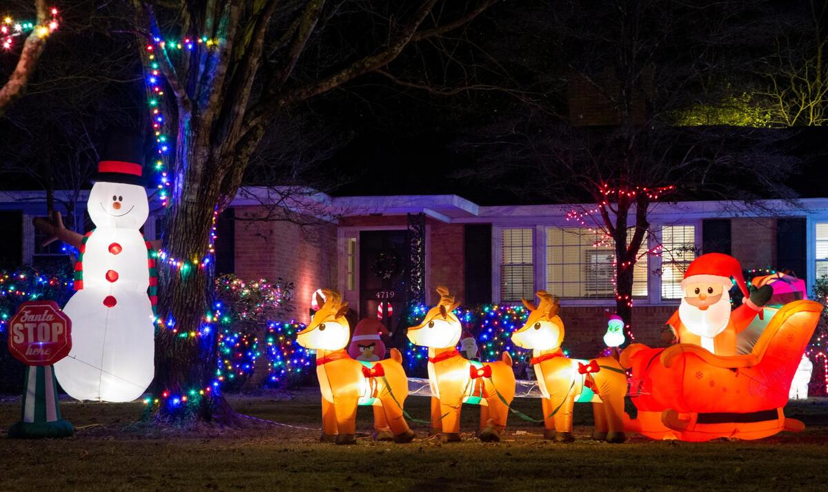 A large display of inflatable decorations on Cedar Springs Road in Columbia, South Carolina on Tuesday, December 22, 2020.