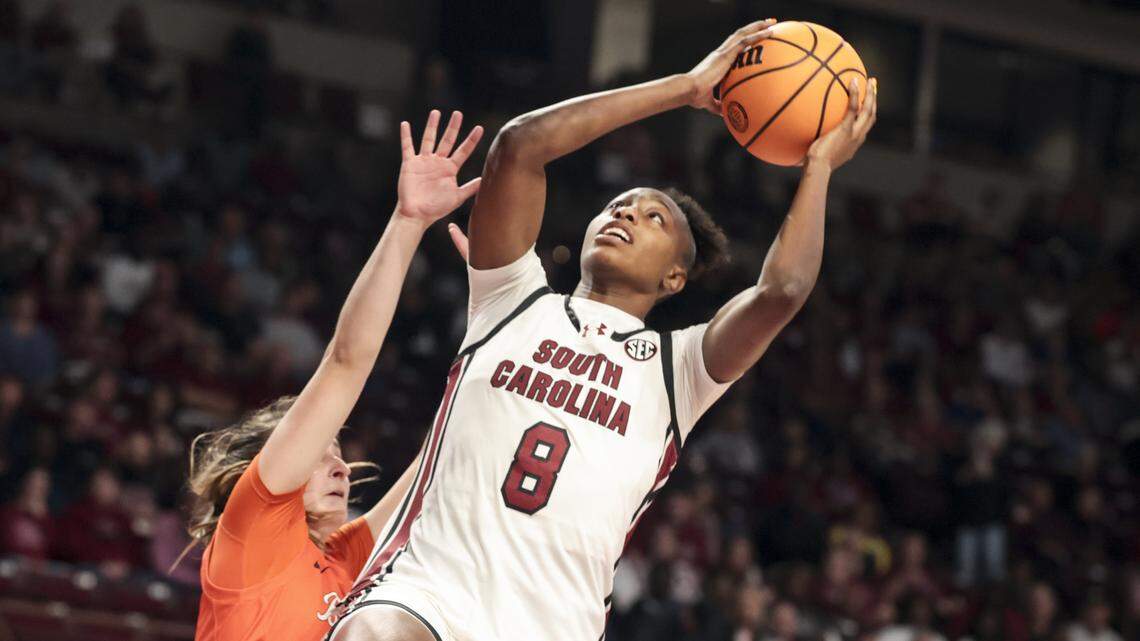 South Carolina's Joyce Edwards (8)shoots as Bowling Green's Paige Kohler (10) defends during the first half of action of their women's basketball game against Bowling Green at Colonial Life Arena on Friday, Nov. 7, 2025.