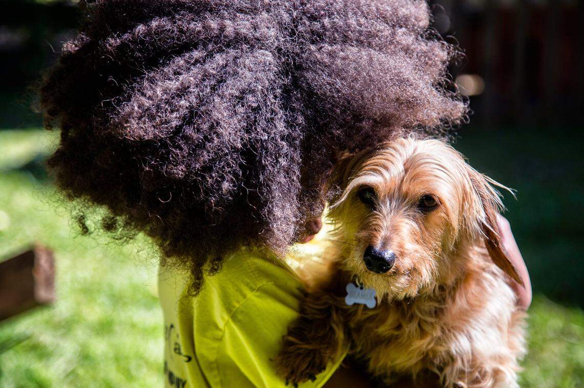 Al’mirah Lockridge, 6, holds Beamer at the Bridgers home on Tuesday, April 28, 2020. Stephanie Bridgers is friends with her mother Christina Palomo and watches her while Palomo is at work.