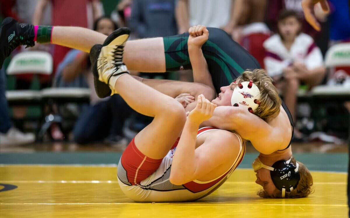 Zach MacDougald of Ben Lippen tries to bring James Lay of the Hammond School down to the mat during the SCISA 2022 Duals State Wrestling Tournament at Ben Lippen on Saturday, February 5, 2022.