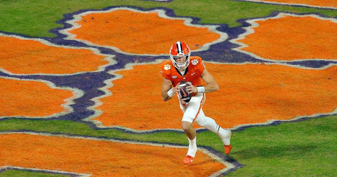 Clemson quarterback Cade Klubnik (2) rolls out against Florida State during first-half action in Clemson, S.C. on Saturday, Nov. 8, 2025.