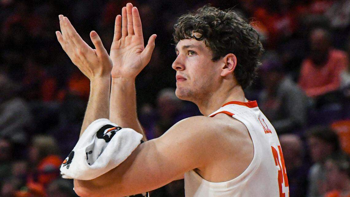 Dec 22, 2023; Clemson, South Carolina, USA; Clemson junior forward PJ Hall (24) reacts during a play during the second half against Queens University at Littlejohn Coliseum.