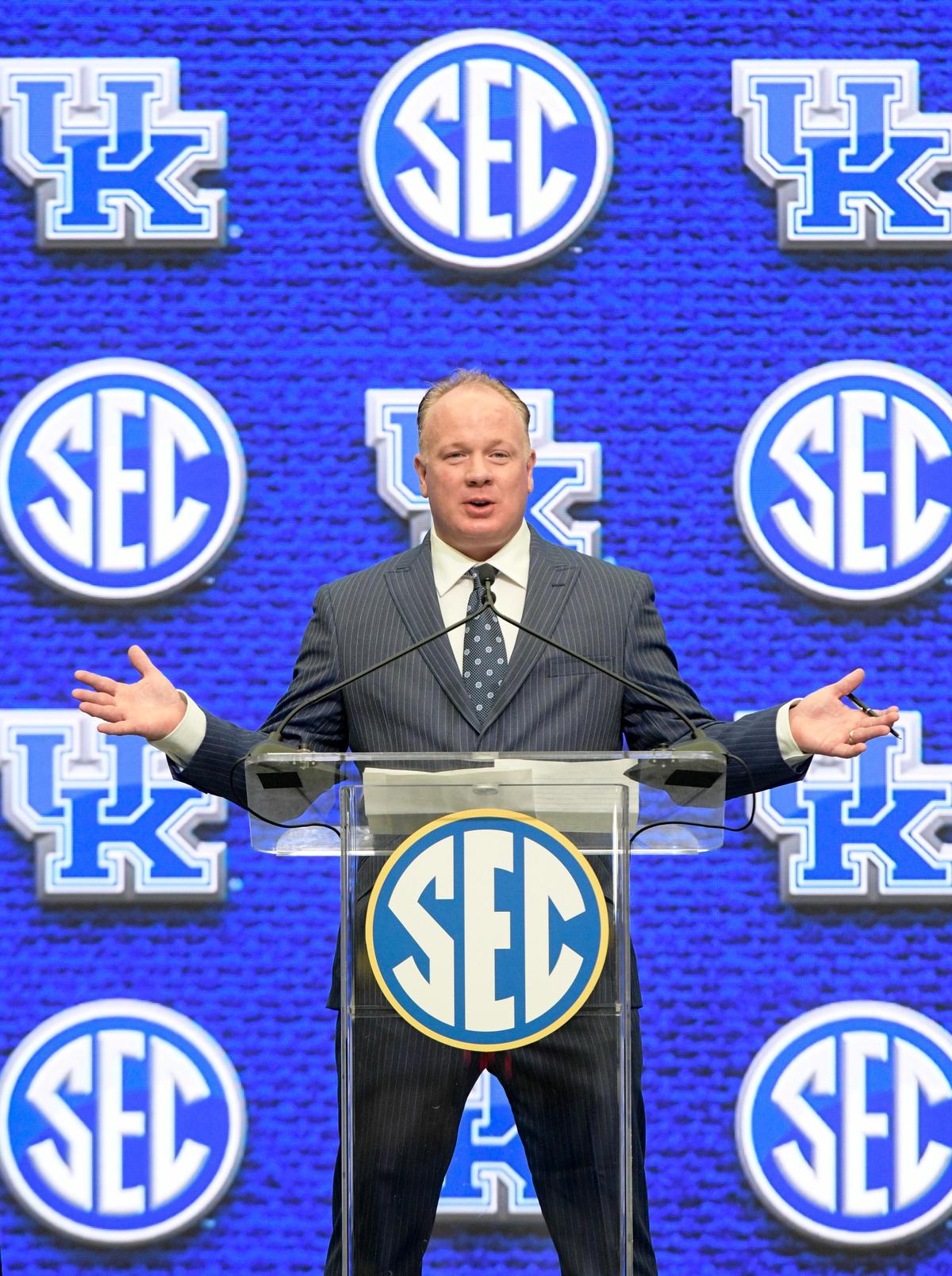 Kentucky head coach Mark Stoops speaks during NCAA college football Southeastern Conference media days at the College Football Hall of Fame in Atlanta, Monday, July 16, 2018.