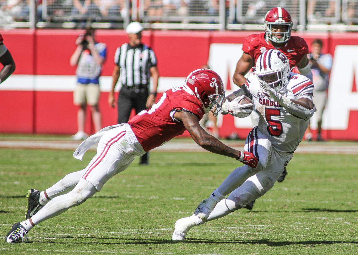 South Carolina’s Raheim “Rocket” Sanders during Saturday’s game against Alabama at Bryant-Denny Stadium in Tuscaloosa.