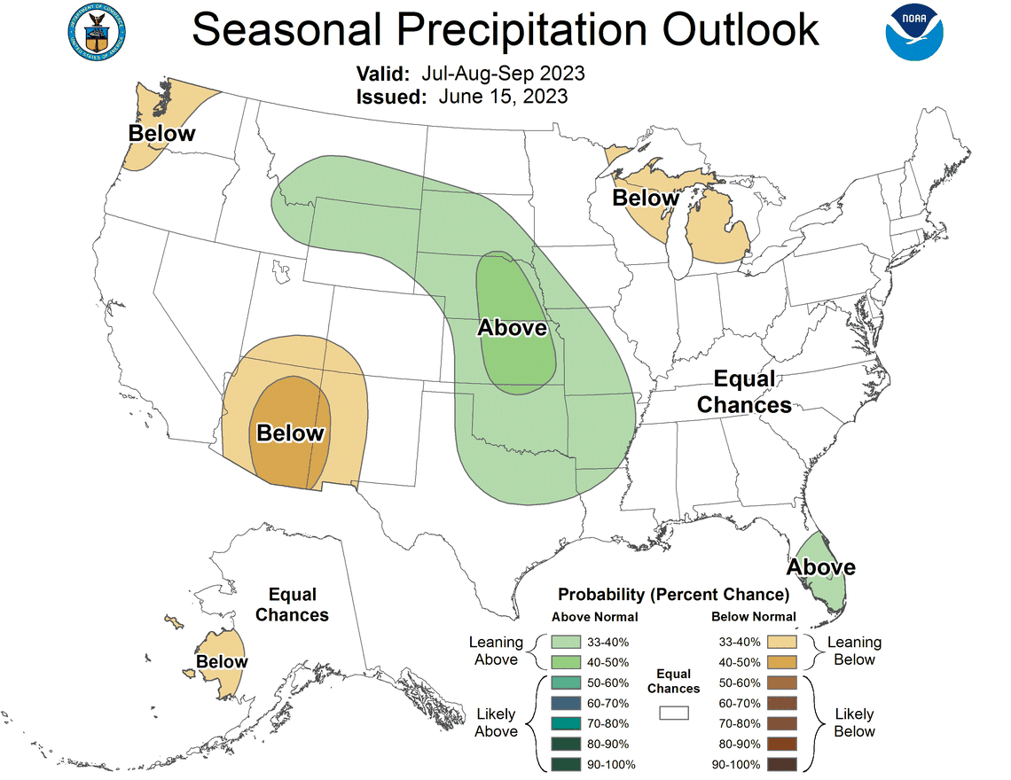 A map of the U.S. that shows rainfall predictions from July through September.