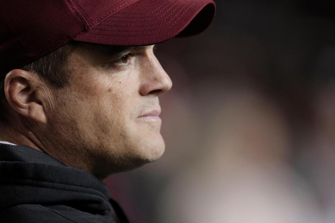 South Carolina Gamecocks head coach Shane Beamer looks at his team during Senior Night festivities before the team plays Clemson at Williams-Brice Stadium on Saturday, November 27, 2021.