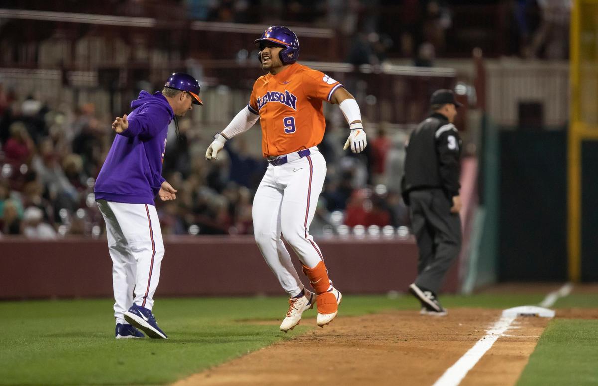 Jonathan French of Clemson reacts as he rounds the bases after a home run during the Gamecocks’ 3-2 loss to Clemson at Founders Park on Friday, March 4, 2022.