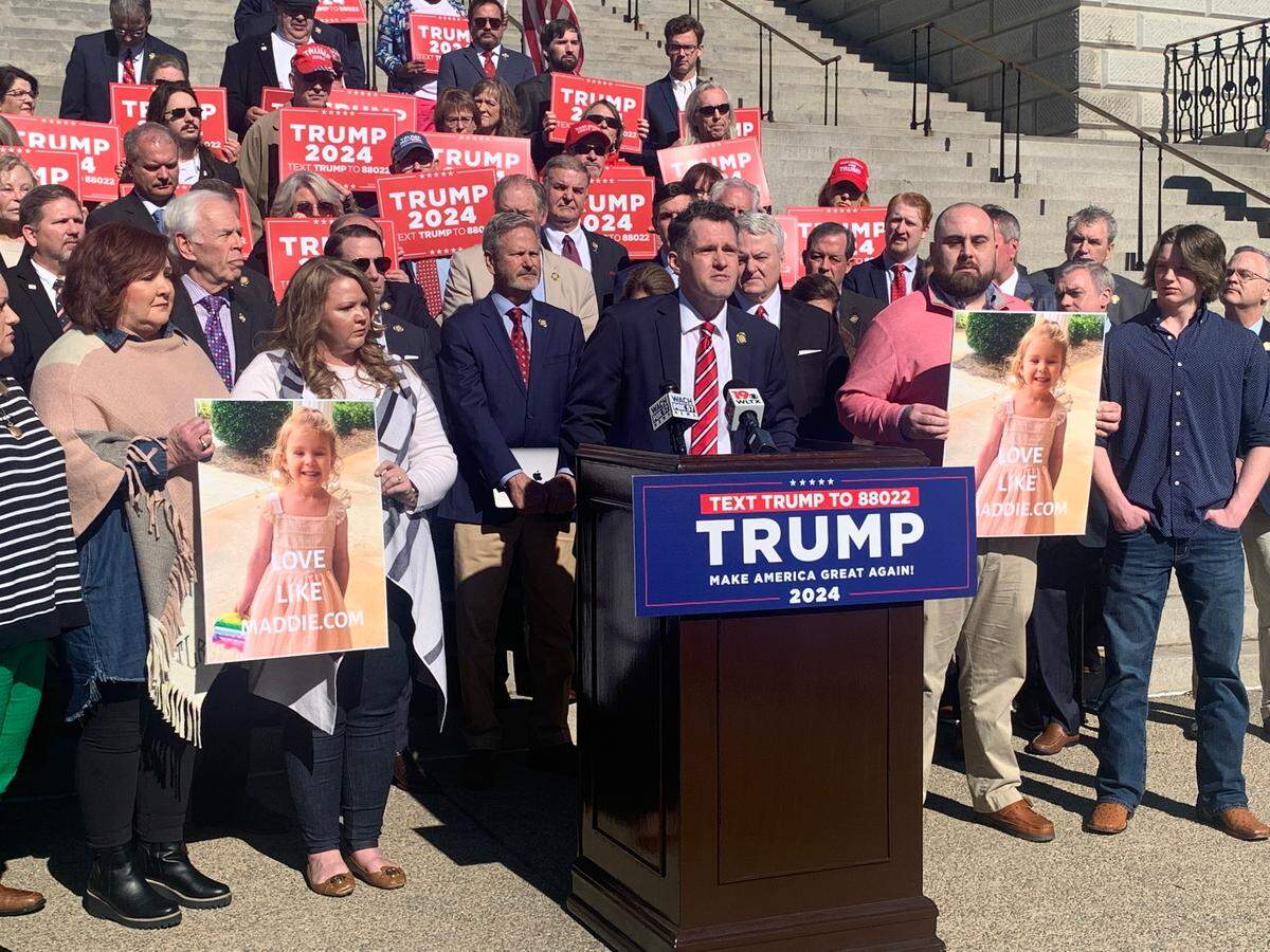 State Rep. Stewart Jones, R-Laurens, speaks at a Trump campaign news conference on Thursday, Feb. 1, 2024 outside of the South Carolina State House. During the news conference, Jones spoke about his goddaughter, Maddie Hines, who was killed by a reckless driver who previously was deported during the Trump administration, but was allowed to stay during the Biden administration.