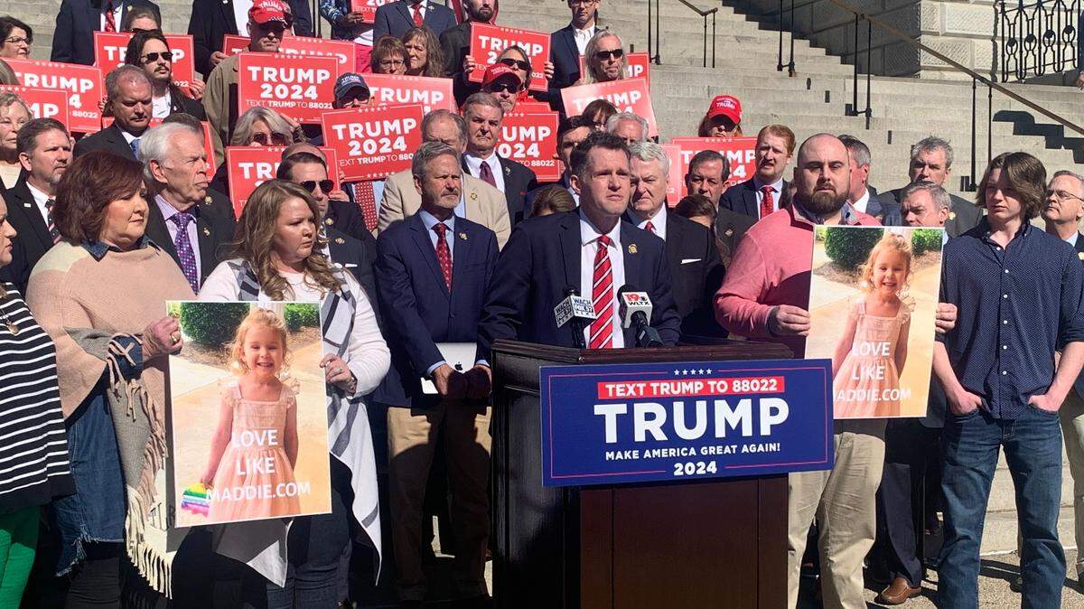 State Rep. Stewart Jones, R-Laurens, speaks at a Trump campaign news conference on Thursday, Feb. 1, 2024 outside of the South Carolina State House. During the news conference, Jones spoke about his goddaughter, Maddie Hines, who was killed by a reckless driver who previously was deported during the Trump administration, but was allowed to stay during the Biden administration.