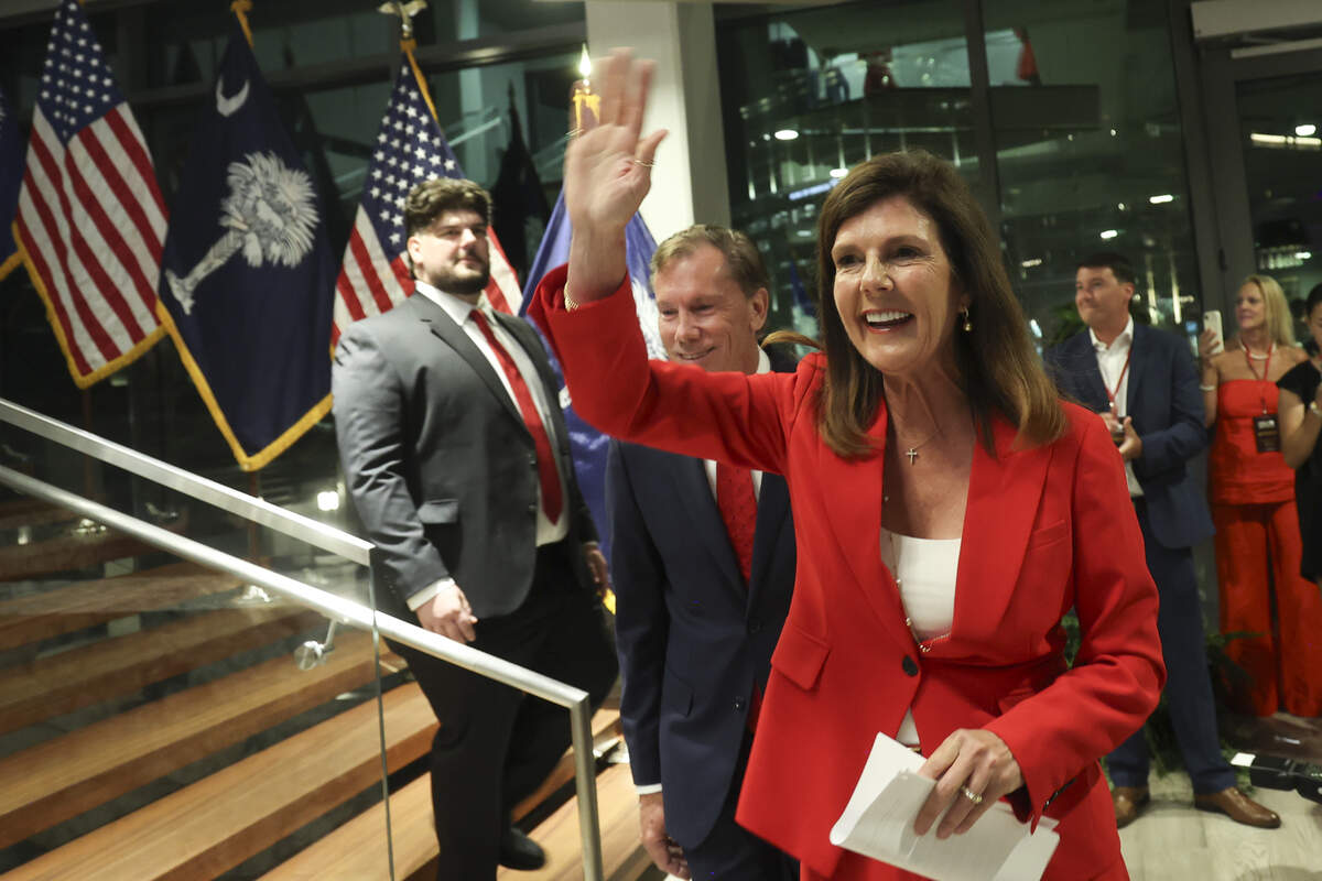 S.C. gubernatorial candidate Pamela Evette arrives at a watch party on Tuesday, June 9, 2026 at the United Community Bank building in Greenville.