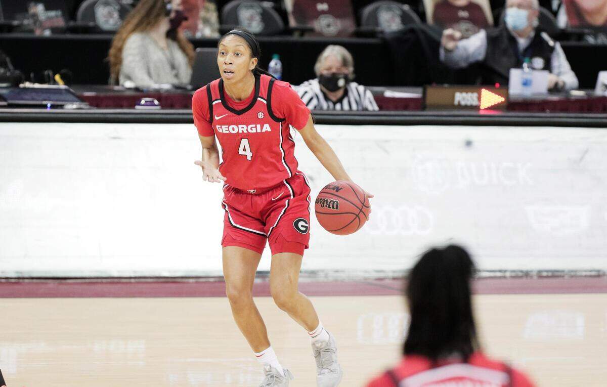 Georgia Lady Bulldogs guard Mikayla Coombs (4) signals to a teammate at Colonial Life Arena on Thursday, January 21, 2021.