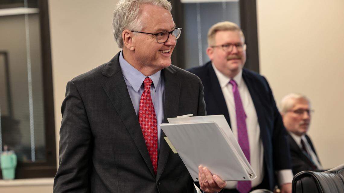 South Carolina Treasurer Curtis Loftis and treasurer’s office attorney Shawn Eubanks prepare to answer questions from a Senate Finance Committee panel on Thursday, Feb. 27, 2025.